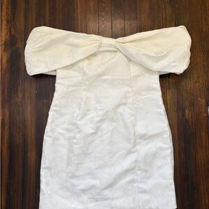 Petal & Pup White Textured Off-Shoulder Bow Mini Dress